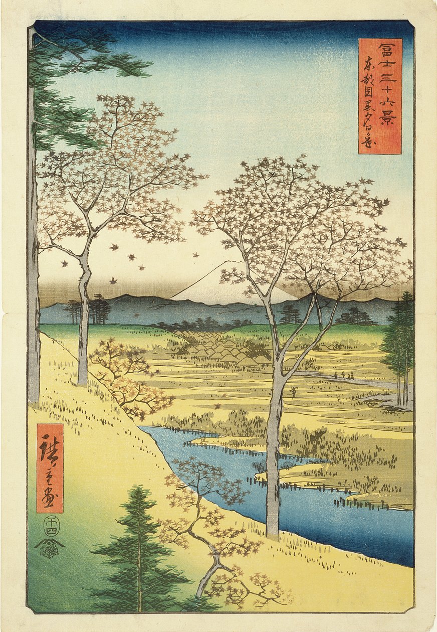 Fuji fra Yuhi-Ga, Megwo, nr. 10 fra serien '36 Views of Mt.Fuji' ('Fuji Saryu Rokkei'), (treblokktrykk i farger) av Utagawa Hiroshige