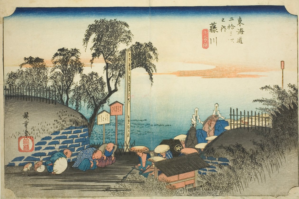 Fujikawa: View of Post Outskirts (Fujikawa, bohana no zu), fra serien "Fifty-three Stations of the Tokaido (Tokaido gojusan tsugi no uchi)," også kjent som Hoeido Tokaido av Utagawa Hiroshige