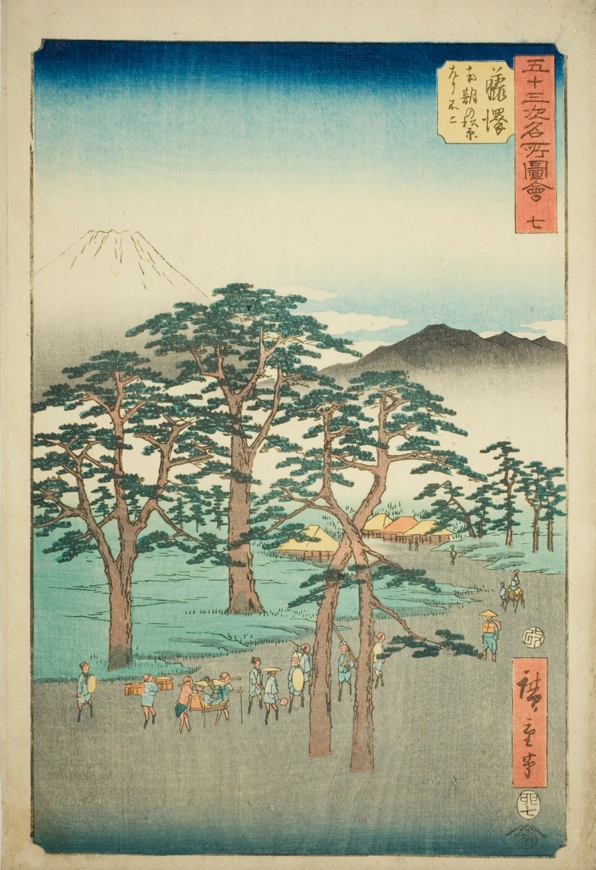 Fujisawa: Fuji-fjellet til venstre fra Nanki-furulunden (Fujisawa, Nanki no Matsubara hidari no Fuji), nr. 7 fra serien "Famous Sights of the Fifty-three Stations (Gojusan tsugi meisho zue)," også kjent som den vertikale Tokaido av Utagawa Hiroshige