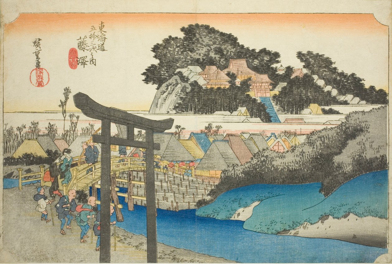 Fujisawa: Yugyo Temple (Fujisawa, Yugyoji), fra serien "Fifty-three Stations of the Tokaido Road (Tokaido gojusan tsugi no uchi)," også kjent som Hoeido Tokaido av Utagawa Hiroshige