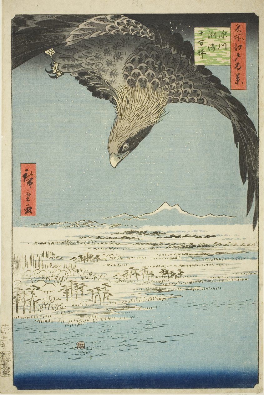 Fukagawa Susaki og Jumantsubo (Fukagawa Susaki Jumantsubo), fra serien kei)” av Utagawa Hiroshige