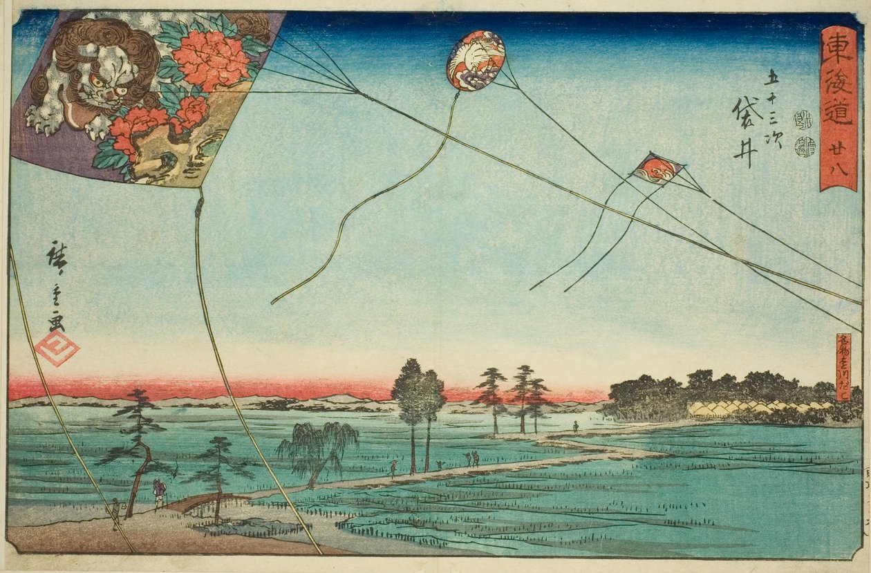 Fukuroi: Famous Kites of Enshu (Fukuroi, meibutsu Enshu dako) – nr. 28, fra serien "Fifty-three Stations of the Tokaido (Tokaido gojusan tsugi)," også kjent som Reisho Tokaido av Utagawa Hiroshige