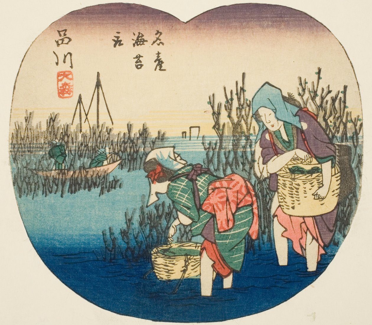 Samler tang ved Omori i Shinagawa (Shinagawa, Omori, meisan nori tori), seksjon av ark nr. 1 fra serien "Utklippsbilder av Tokaido-veien (Tokaido harimaze zue)" av Utagawa Hiroshige