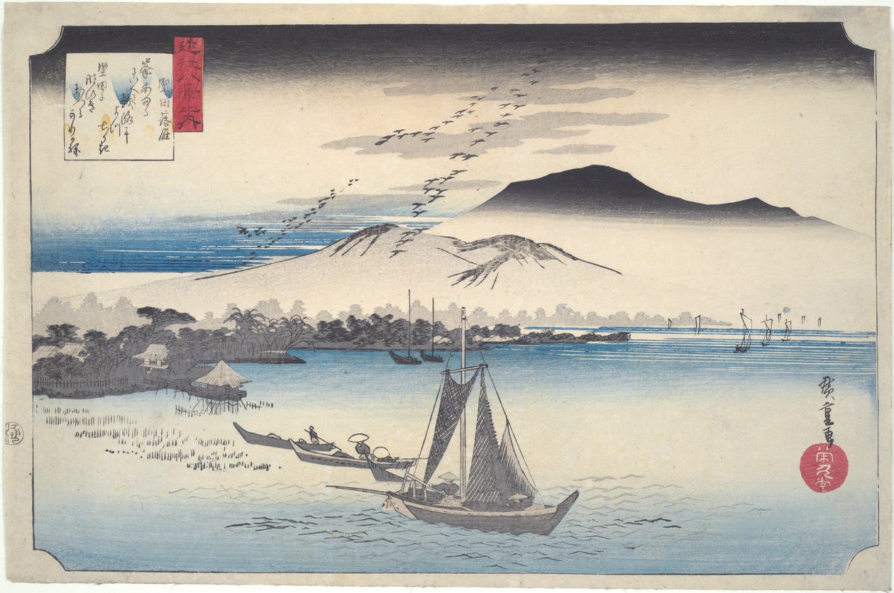 Gjess nedstigning ved Katada: Åtte utsikter over Omi av Utagawa Hiroshige