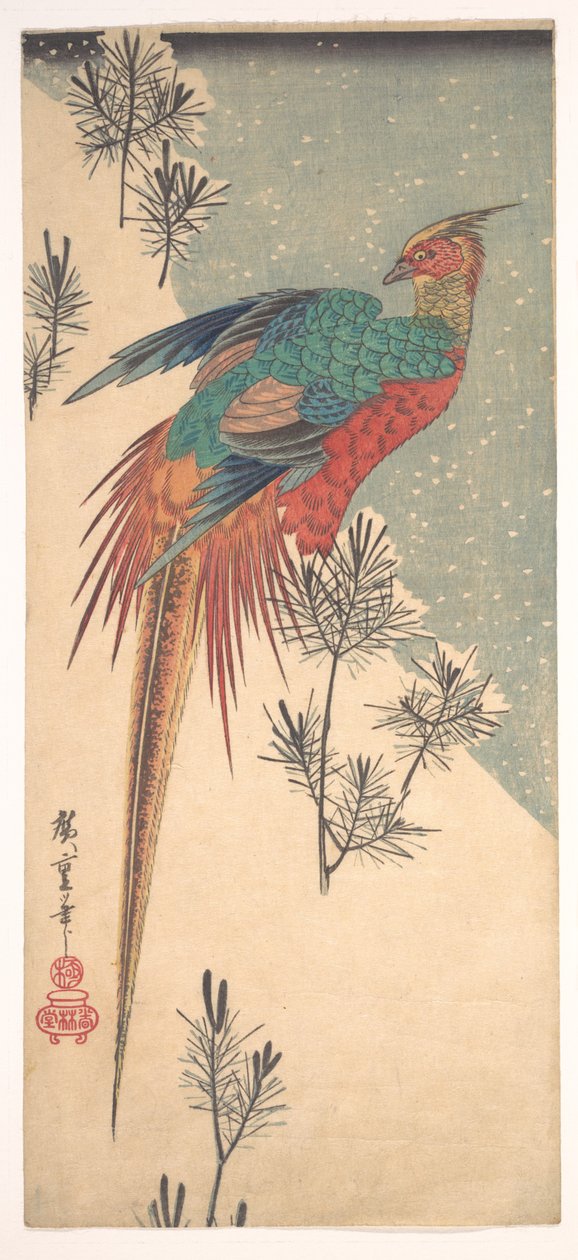 Gullfasan og furuskudd i snø av Utagawa Hiroshige