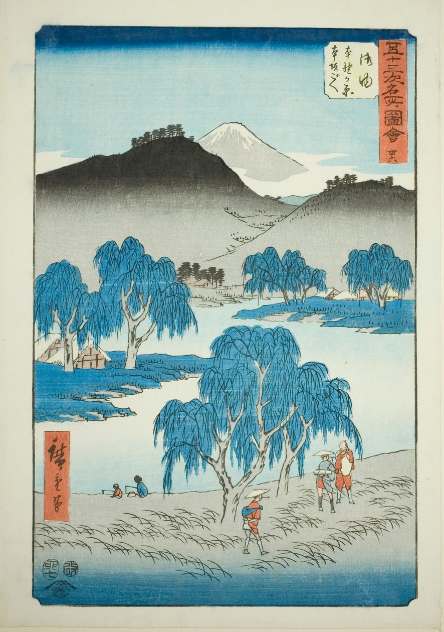 Goyu: Motono Plain og Motosaka Pass (Goyu, Motonogahara Motozaka goe), nr. 36 fra serien "Famous Sights of the Fifty-three Stations (Gojusan tsugi meisho zue)," også kjent som Vertical Tokaido av Utagawa Hiroshige