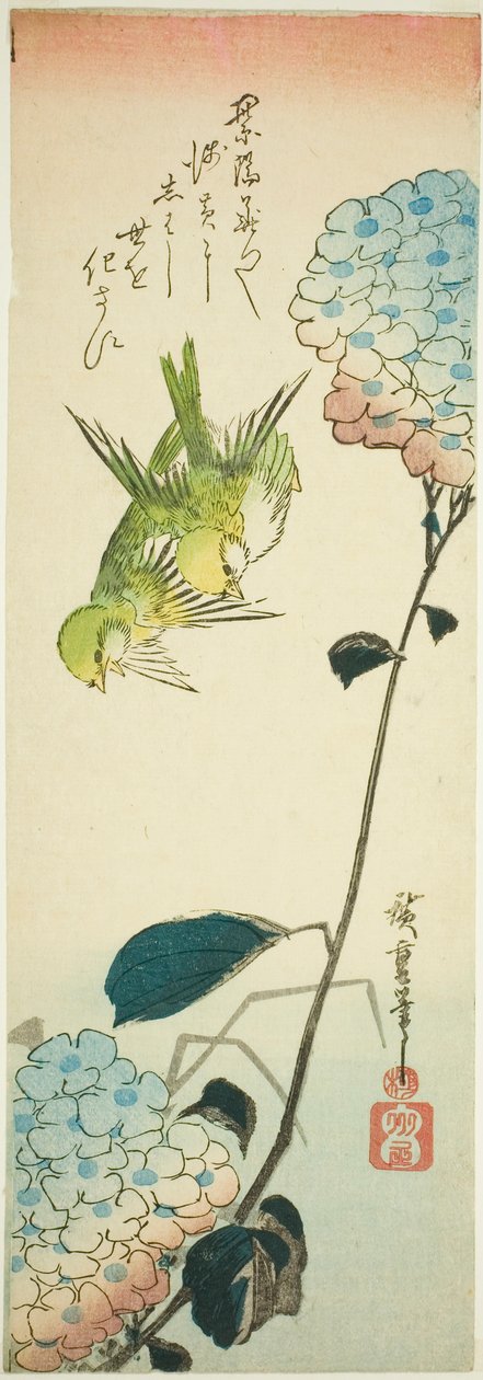 Grønne fugler og hortensiaer av Utagawa Hiroshige