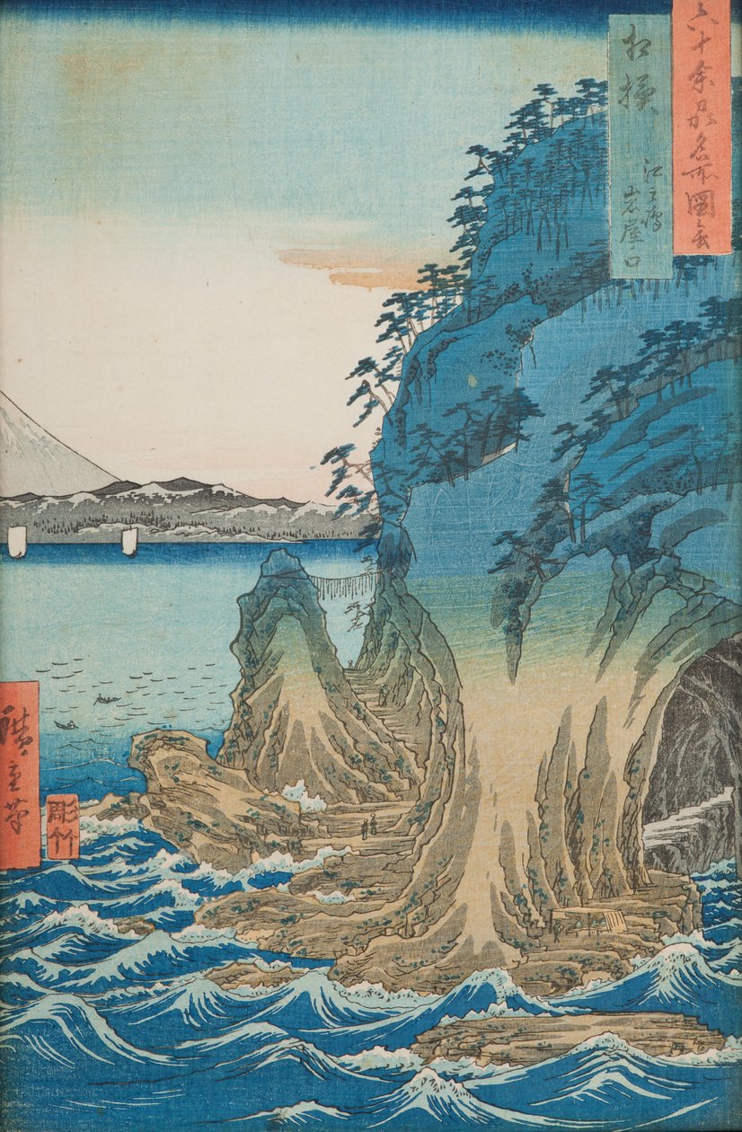 Grotter på øya Enoshima i Sagami-provinsen / Sagami Enoshima Iwaya no kuchi, plansje 15 fra serien: Utsikter over berømte steder i mer enn seksti provinser / Rokuju yoshu meisho zue av Utagawa Hiroshige