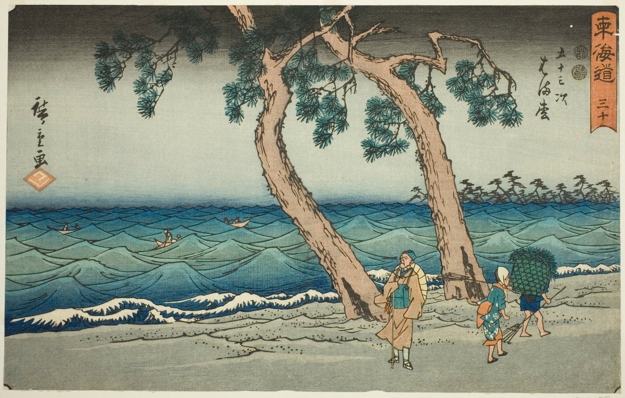 Hamamatsu—Nei. 30, fra serien "Fifty-three Stations of the Tokaido (Tokaido gojusan tsugi)," også kjent som Reisho Tokaido av Utagawa Hiroshige