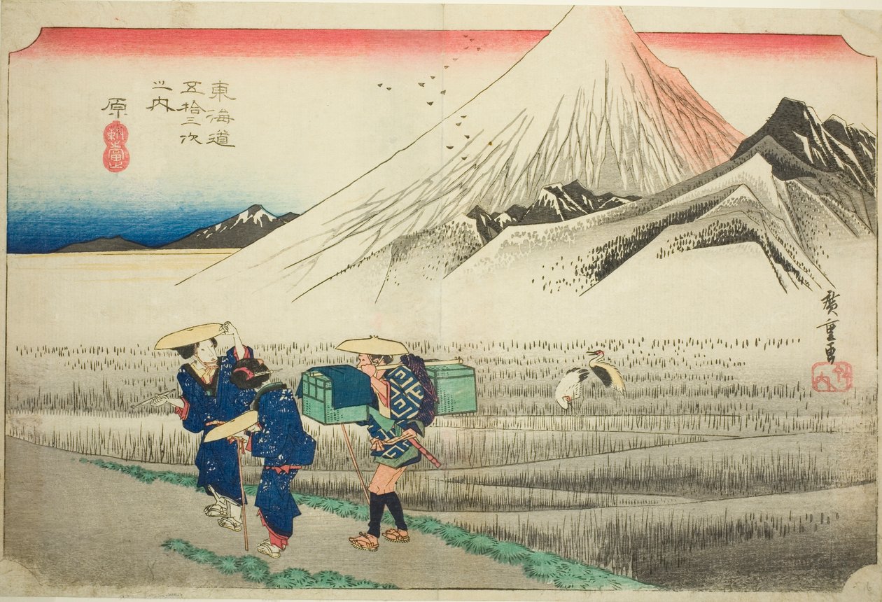 Hara: Mount Fuji in the Morning (Hara, asa no Fuji), fra serien "Fifty-three Stations of the Tokaido Road (Tokaido gojusan tsugi no uchi)," også kjent som Hoeido Tokaido av Utagawa Hiroshige