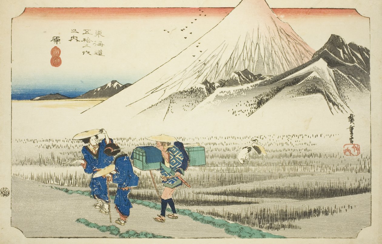 Hara: Mount Fuji in the Morning (Hara, asa no Fuji), fra serien "Fifty-three Stations of the Tokaido Road (Tokaido gojusan tsugi no uchi)," også kjent som Hoeido Tokaido av Utagawa Hiroshige
