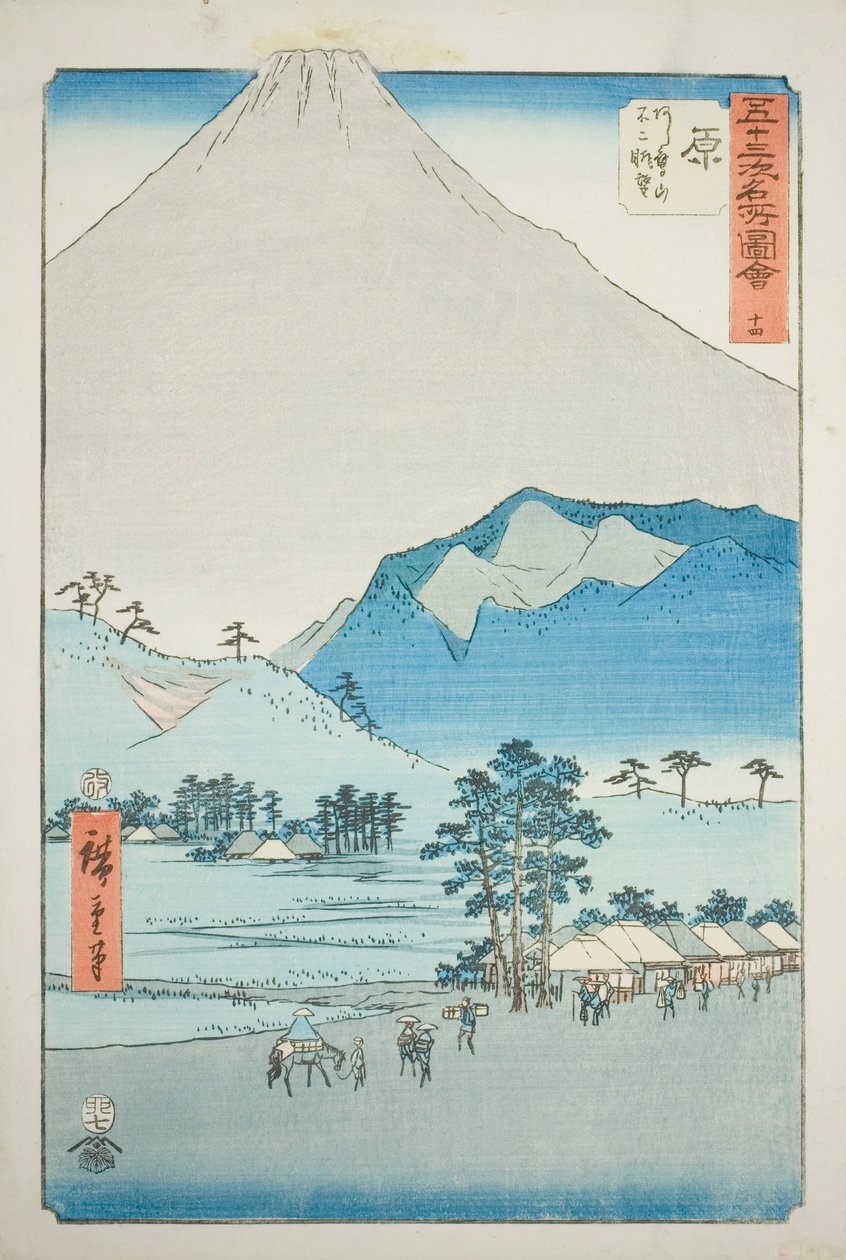 Hara: Utsikt over Ashitaka-fjellene og Fuji-fjellet (Hara, Ashitakayama Fuji chobo), nr. 14 fra serien "Famous Sights of the Fifty-three Stations (Gojusan tsugi meisho zue)," også kjent som den vertikale Tokaido av Utagawa Hiroshige