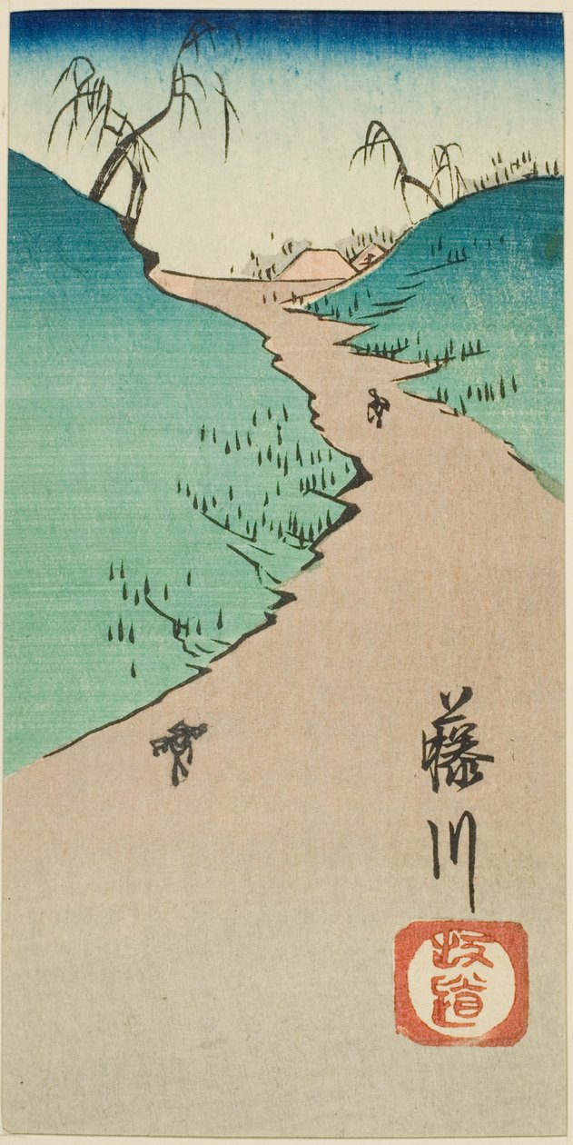 Hill at Fujikawa (Fujikawa sakamichi), del av ark nr. 10 fra serien "Cutouts of the Fifty-three Stations (Gojusan tsugi harimaze)" av Utagawa Hiroshige