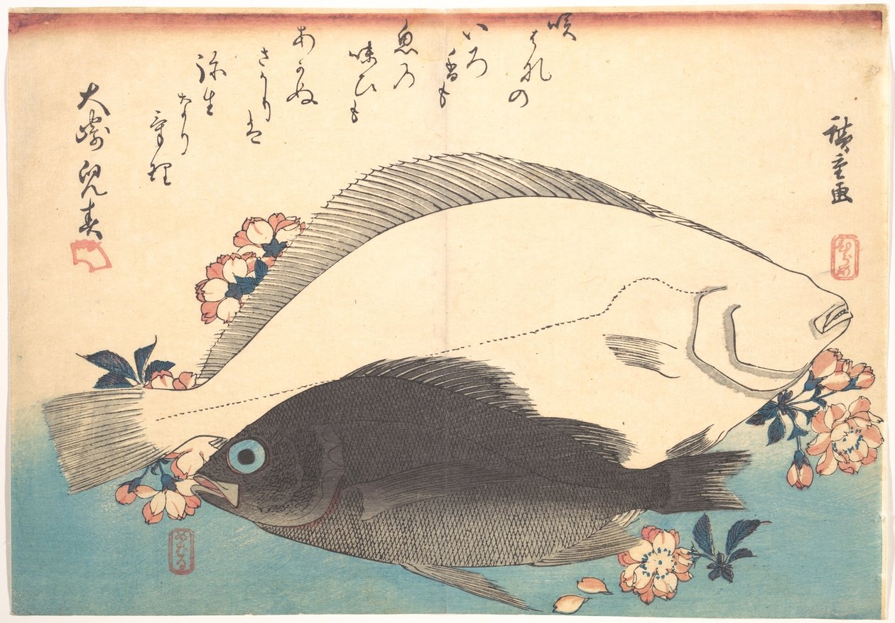 Hirame- og mebaru-fisk med kirsebærblomster, fra serien Uozukushi - Alle fiskeslag av Utagawa Hiroshige