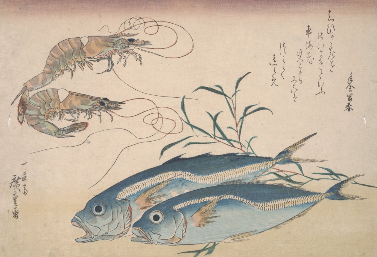 Hestemakrell, ferskvannsreker og tang, ca. 1832 av Utagawa Hiroshige