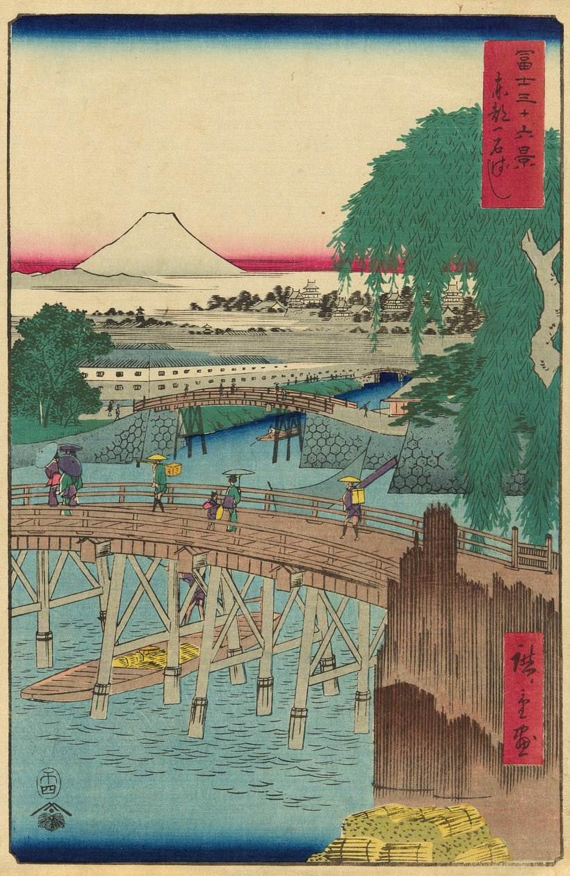 Ichikoku Bridge i den østlige hovedstaden (Toto Ichikokubashi), fra serien "Thirty-six Views of Mount Fuji (Fuji sanjurokkei)" av Utagawa Hiroshige