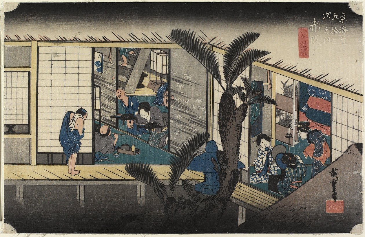 Vertshus med tjenestepiker, Akasaka, ca. 1833 av Utagawa Hiroshige