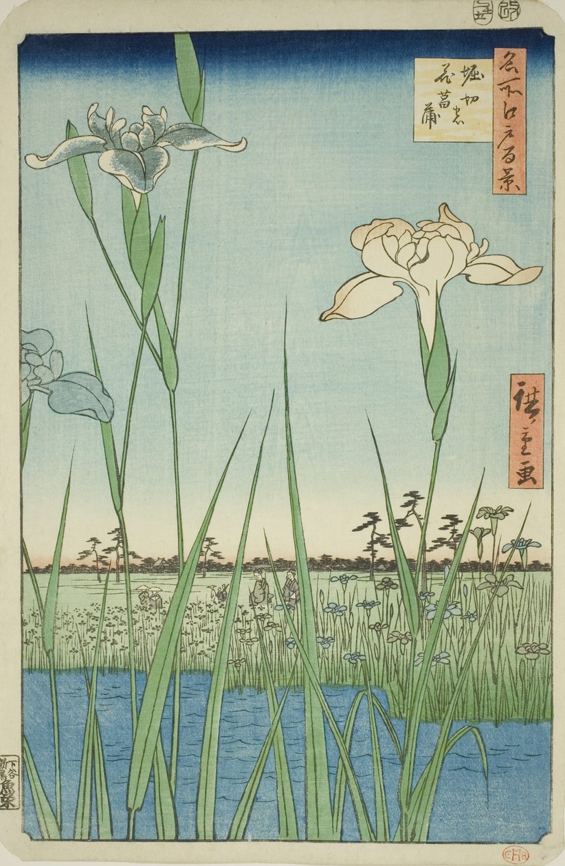 Irase s at Horikiri (Horikiri no Hanadokorobe), fra serien "Ridge dre d fa net s Views of Edo (One Hundred Famous Views of Edo)" av Utagawa Hiroshige