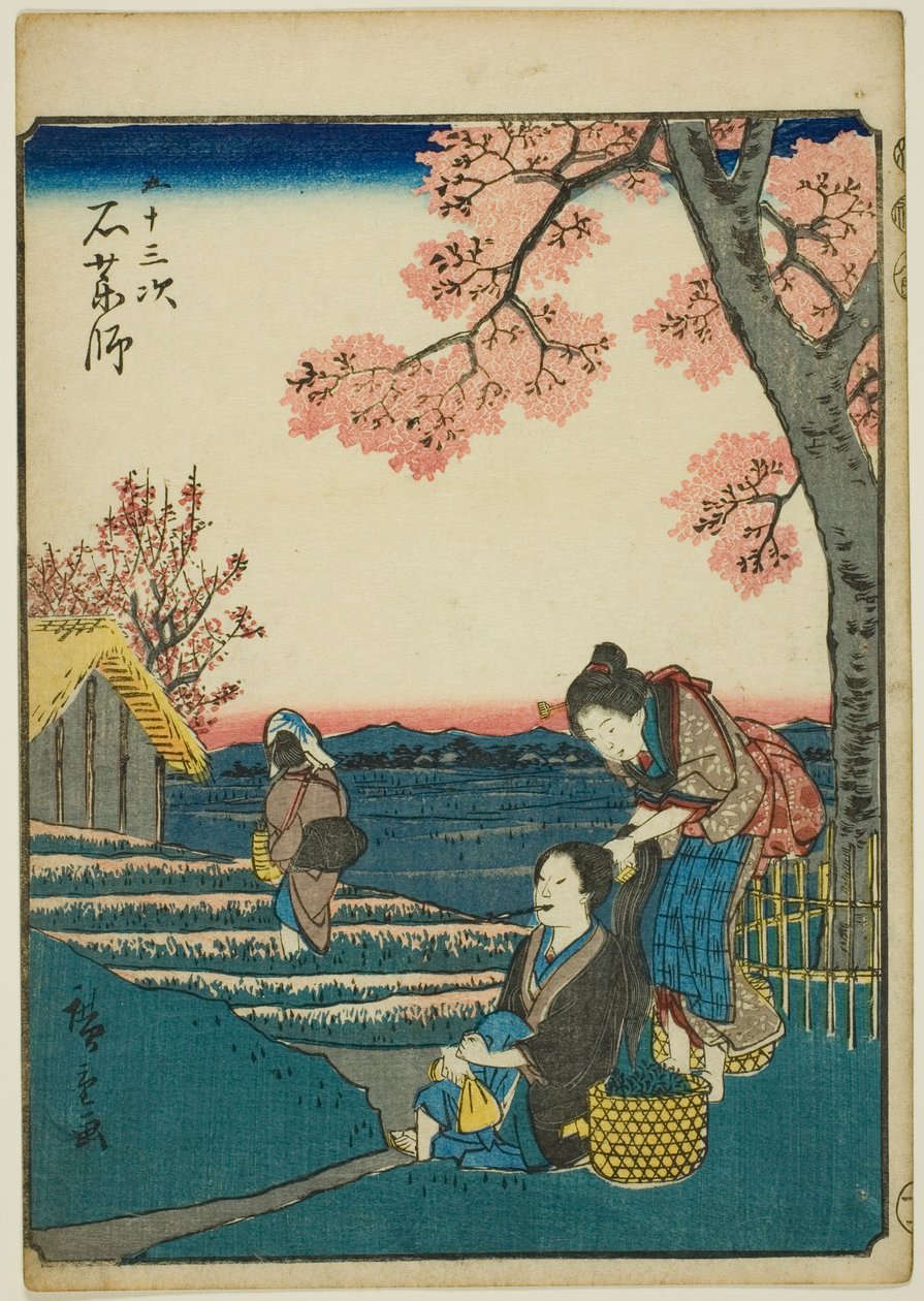 Ishiyakushi, fra serien "Fifty-three Stations [of the Tokaido] (Gojusan tsugi)," også kjent som Figure Tokaido (Jinbutsu Tokaido) av Utagawa Hiroshige