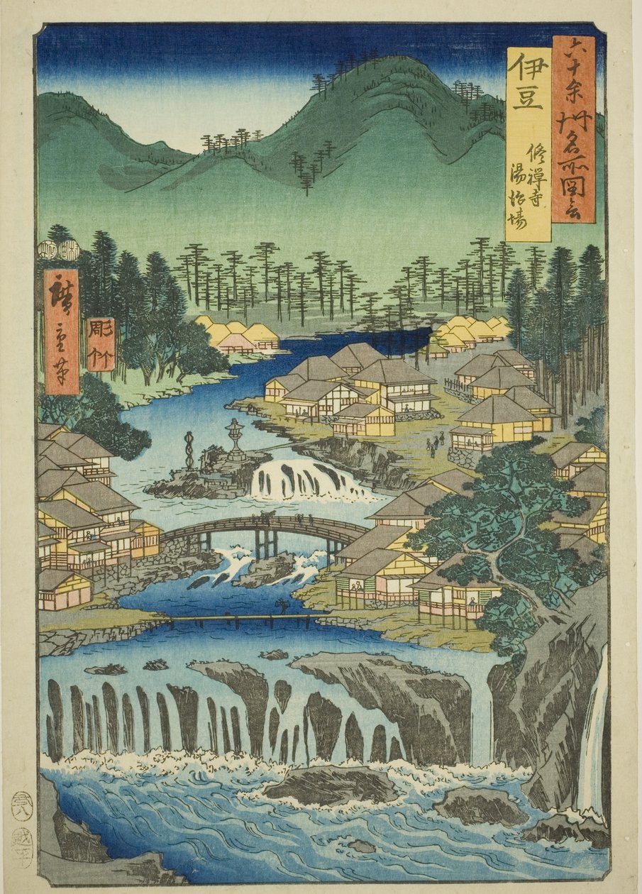 Izu-provinsen: Hot Springs of the Shuzen Temple (Izu, Shuzenji tojiba), fra serien "Famous Places in the Sixty-odd Provinces (Rokujuyoshu meisho zue)" av Utagawa Hiroshige