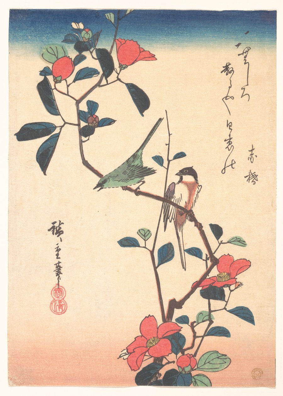 Japansk brillefugl og meis på en kameliagren av Utagawa Hiroshige