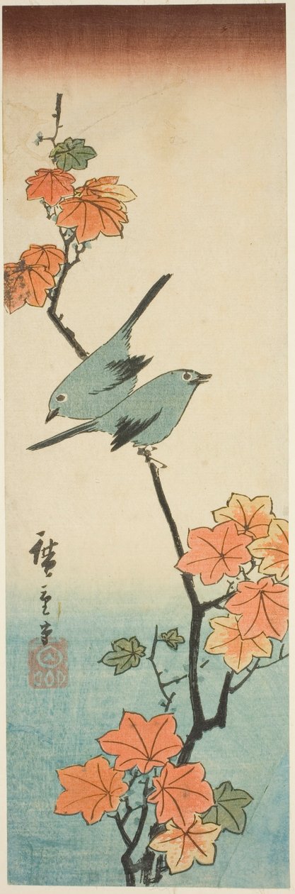 Japanske hvite øyne på en lønnegren av Utagawa Hiroshige