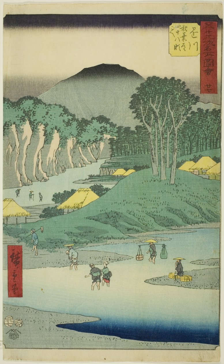 Kakegawa: Krysser de førtiåtte strykene på Akiba-veien (Kakegawa, Akiba michi shijuhachi segoe), nr. 27 fra serien "Famous Sights of the Fifty-three Stations (Gojusan tsugi meisho zue)," også kjent som den vertikale Tokaido av Utagawa Hiroshige