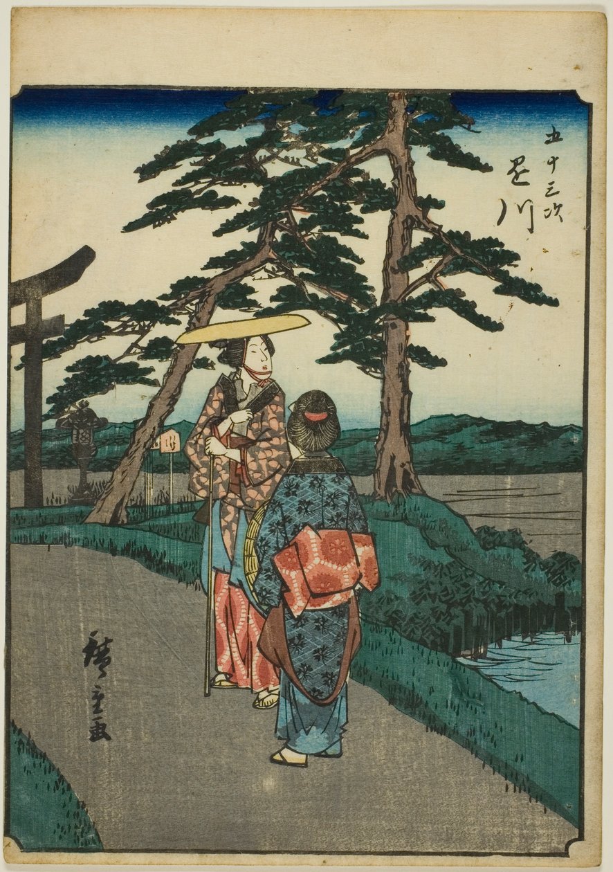 Kakegawa, fra serien "Fifty-three Stations [of the Tokaido] (Gojusan tsugi)," også kjent som Figure Tokaido (Jinbutsu Tokaido) av Utagawa Hiroshige