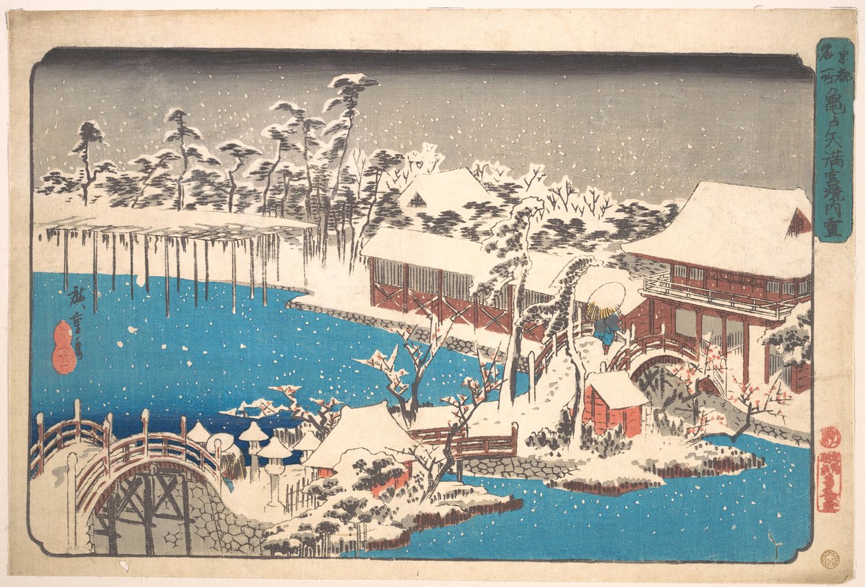 Snø på området til Kameido Tenmangu-helligdommen av Utagawa Hiroshige