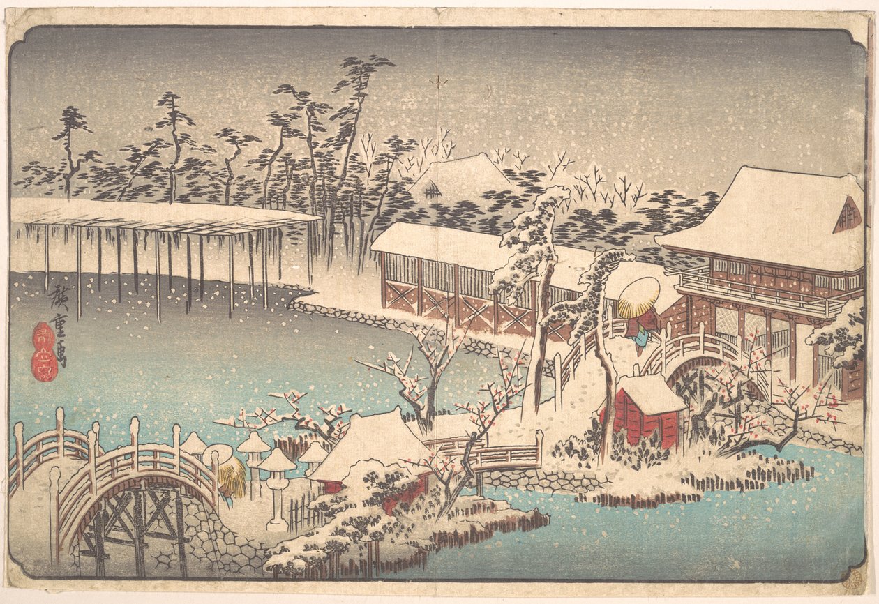 Snø på området ved Kameido Tenmangū av Utagawa Hiroshige