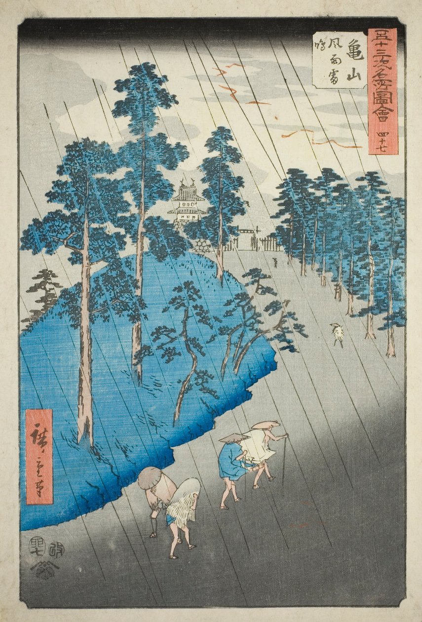 Kameyama: Vind, regn og torden (Kameyama, fuu raimei), nr. 47 fra serien "Famous Sights of the Fifty-three Stations (Gojusan tsugi meisho zue)," også kjent som den vertikale Tokaido av Utagawa Hiroshige