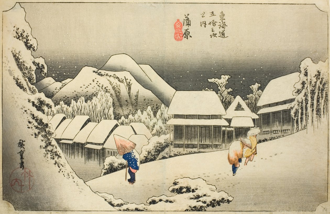 Kanbara: Evening Snow (Kanbara, yoru no yuki), fra serien "Fifty-three Stations of the Tokaido (Tokaido gojusan tsugi no uchi)," også kjent som Hoeido Tokaido av Utagawa Hiroshige