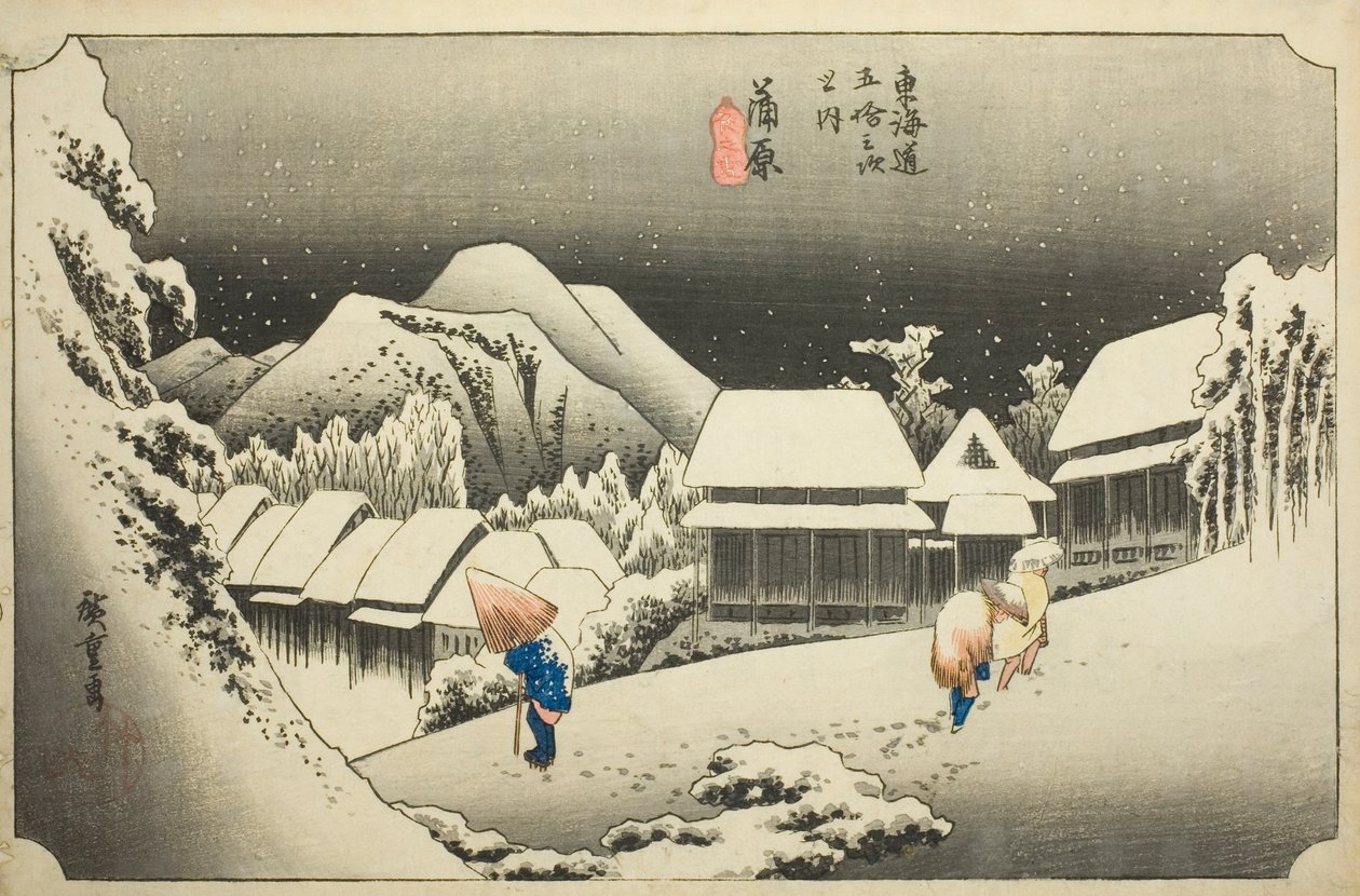 Kanbara: Evening Snow (Kanbara, yoru no yuki), fra serien "Fifty-three Stations of the Tokaido (Tokaido gojusan tsugi no uchi)," også kjent som Hoeido Tokaido av Utagawa Hiroshige