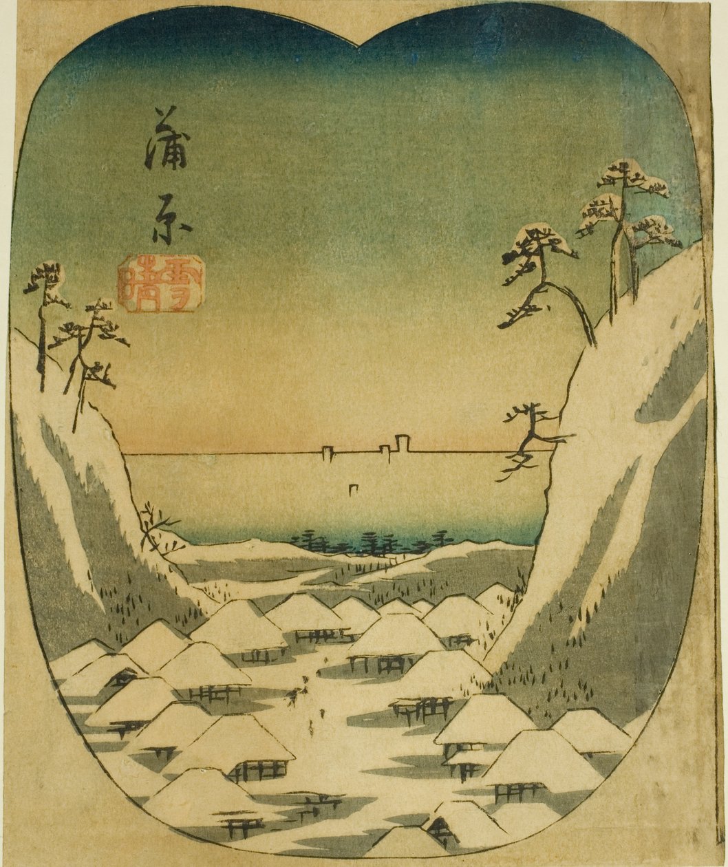 Kanbara, seksjon av ark nr. 4 fra serien "Cutouts of the Fifty-three Stations (Gojusan tsugi harimaze)" av Utagawa Hiroshige