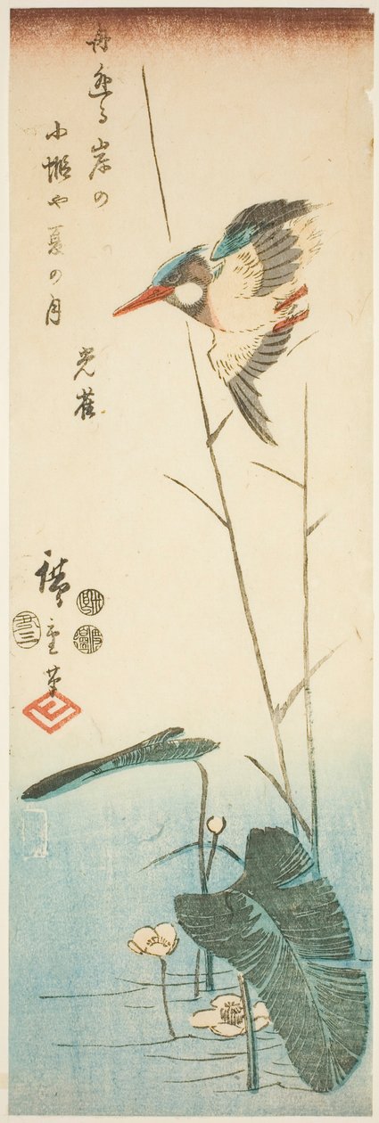 Kingfisher over en gulblomstret vannplante av Utagawa Hiroshige