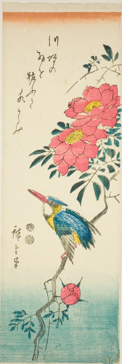 Kingfisher og roser av Utagawa Hiroshige