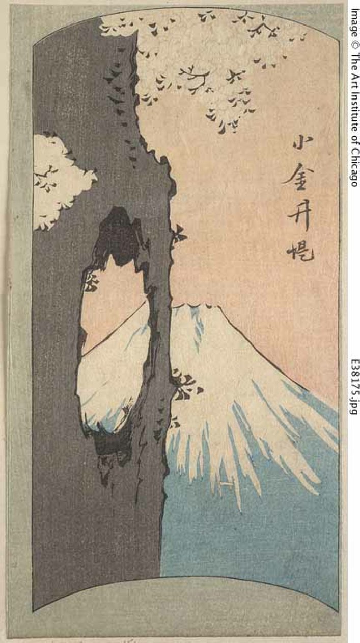 Koganei, del av et ark fra serien "Cutout Pictures of Famous Places in Edo (Edo meisho harimaze zue)" av Utagawa Hiroshige