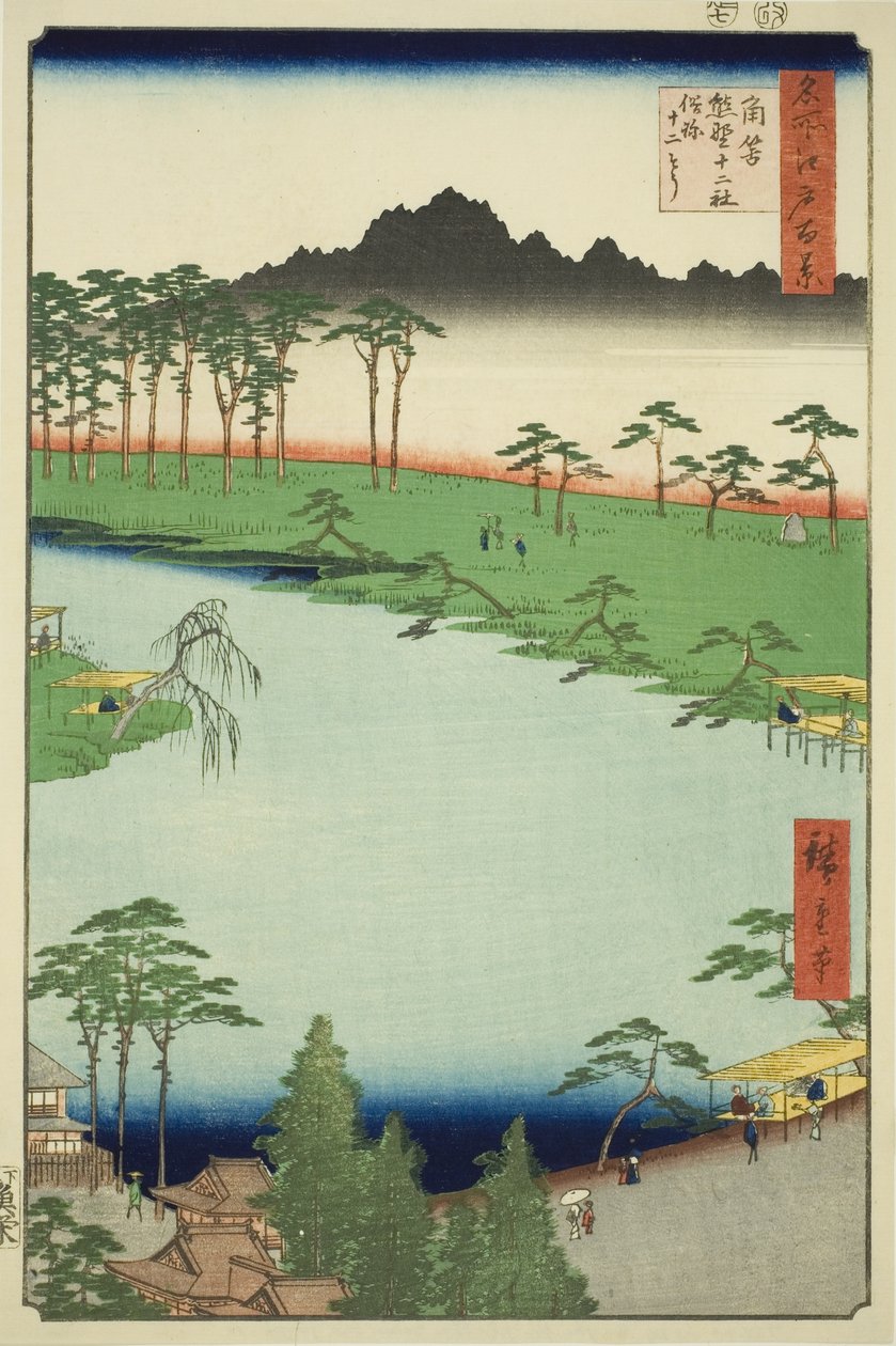 Kumano Junisha-helligdommen i Tsunohazu, populært kjent som Juniso (Tsunohazu Kumano Junisha, zokusho Juniso), fra serien "One Hundred Famous Views of Edo (Meisho Edo hyakkei)" av Utagawa Hiroshige
