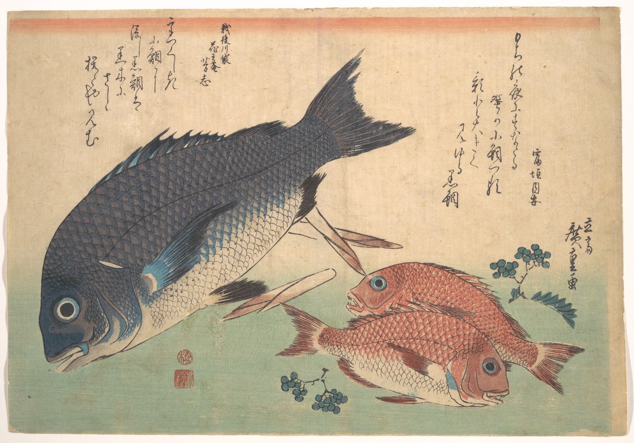 Kurodai- og Kodai-fisk med bambusskudd og bær, fra serien Uozukushi (Alle fiskeslag) av Utagawa Hiroshige