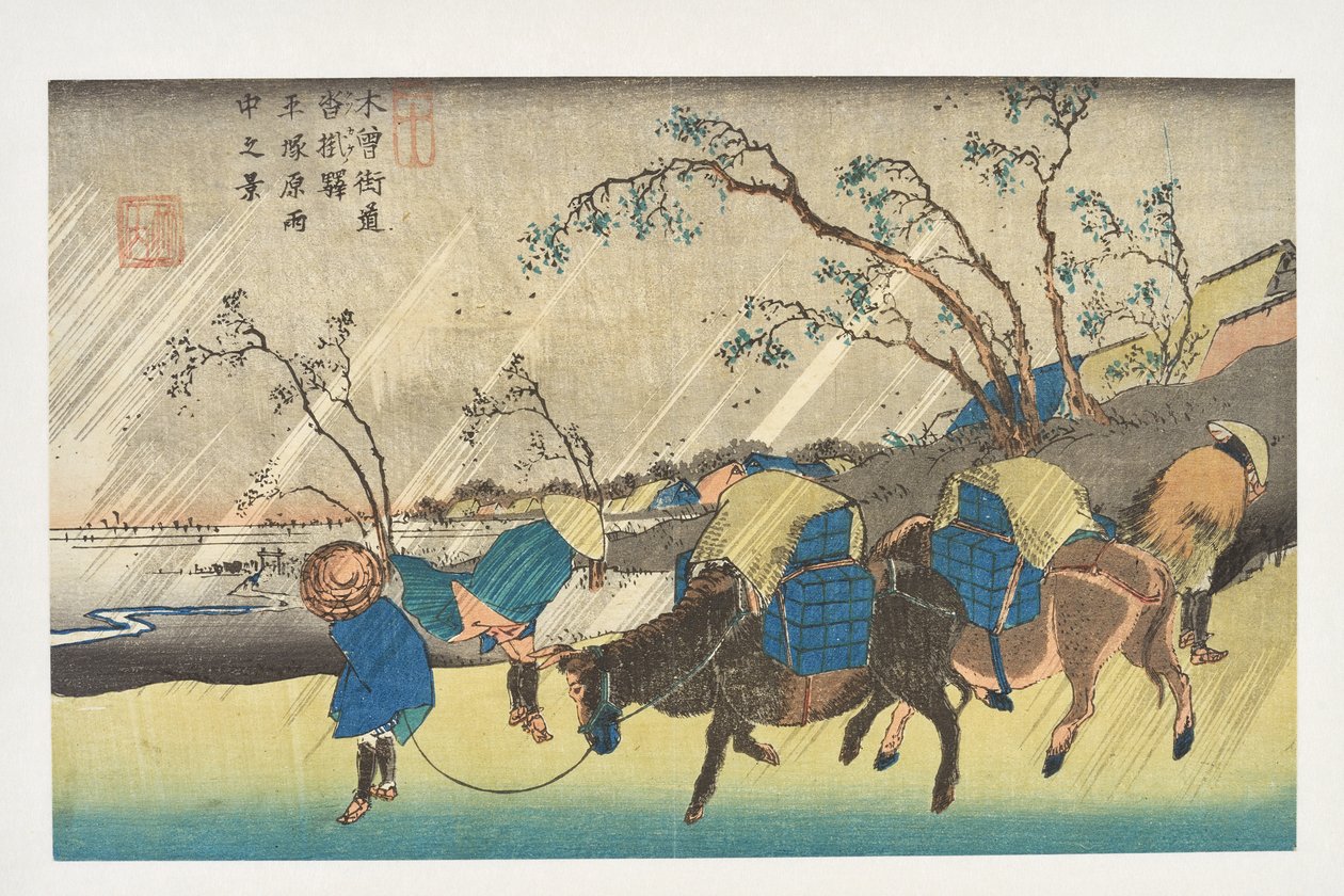 Kutsukake: Utsikt over regnet på Hiratsuka-sletten, fra serien «Kisokaidōs 69 stasjoner» av Utagawa Hiroshige