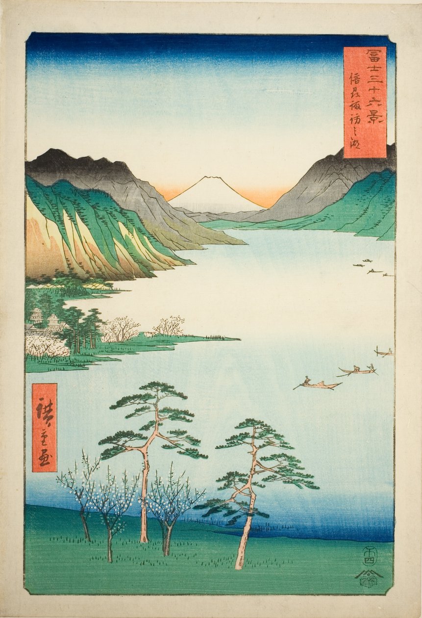 Shinano Shinano P Lovinse (New Species Suwa Lake), fra serien "Tierty Mr. x Views Of Mount Fuji (Fuji Usa Kotobuki Rokukatsu)" av Utagawa Hiroshige
