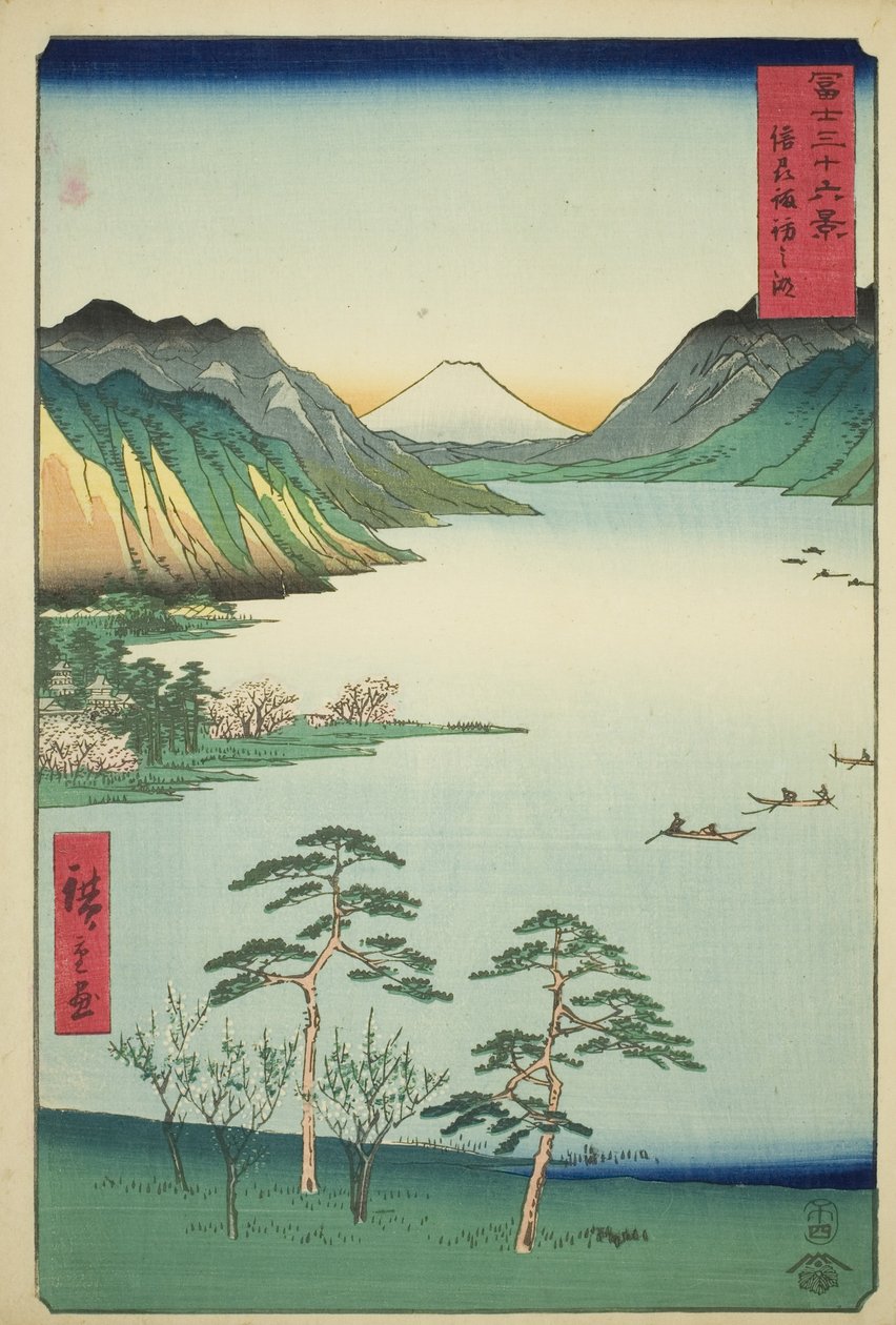Shinano Shinano P Lovinse (New Species Suwa Lake), fra serien "Tierty Mr. x Views Of Mount Fuji (Fuji Usa Kotobuki Rokukatsu)" av Utagawa Hiroshige