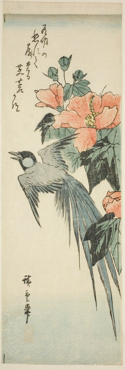 Langhalefugl og hibiskus av Utagawa Hiroshige