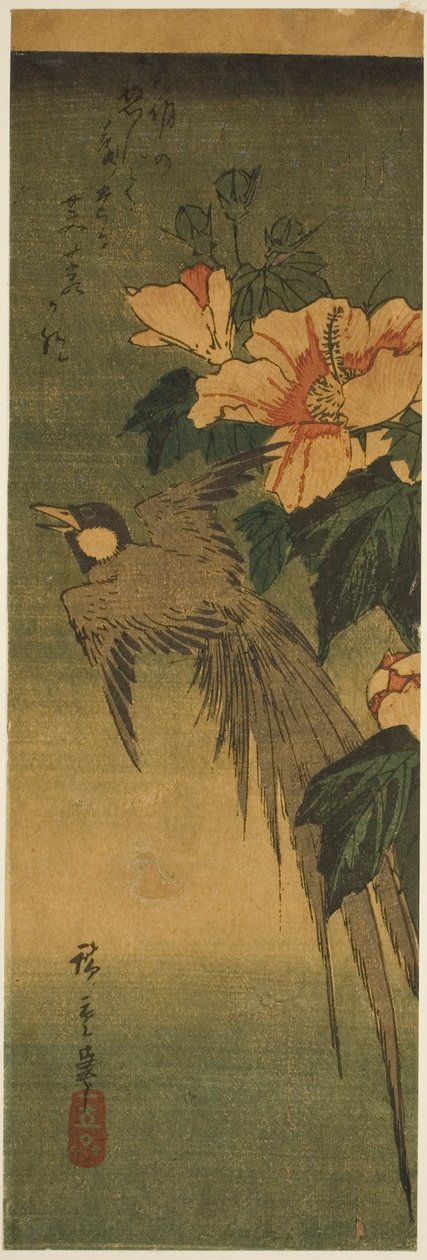 Langhalefugl og hibiskus av Utagawa Hiroshige