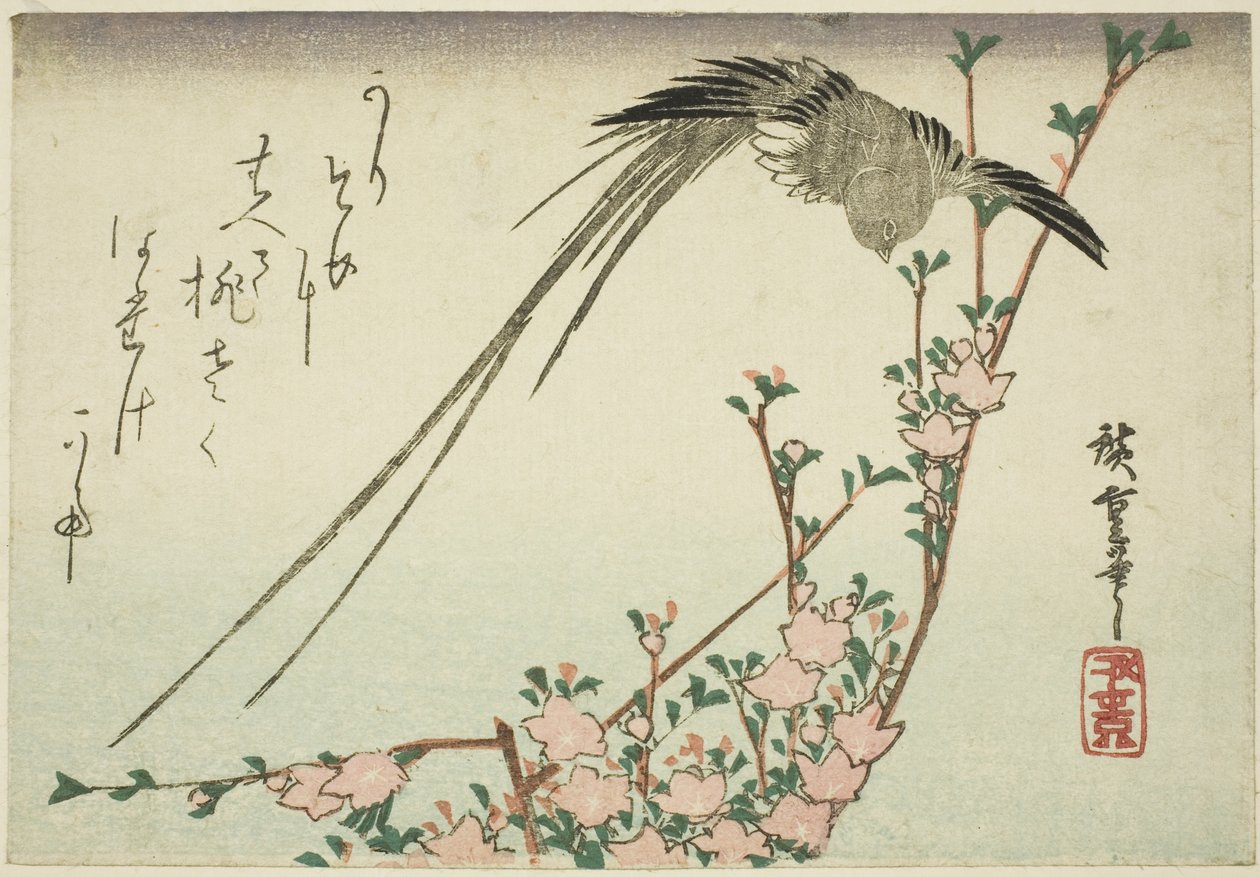 Langhalefugl og ferskenblomster av Utagawa Hiroshige
