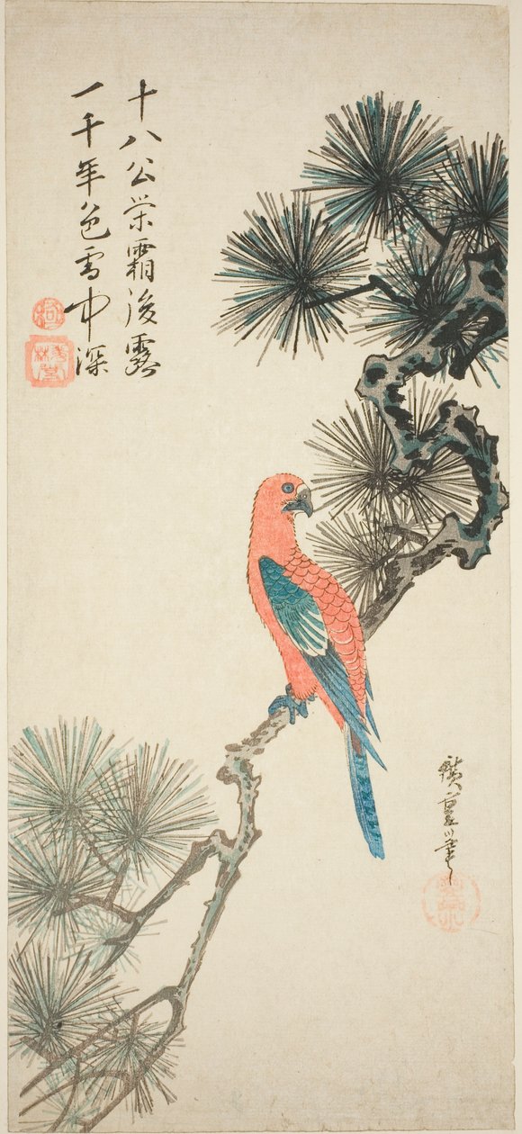 Ara på en furugren av Utagawa Hiroshige