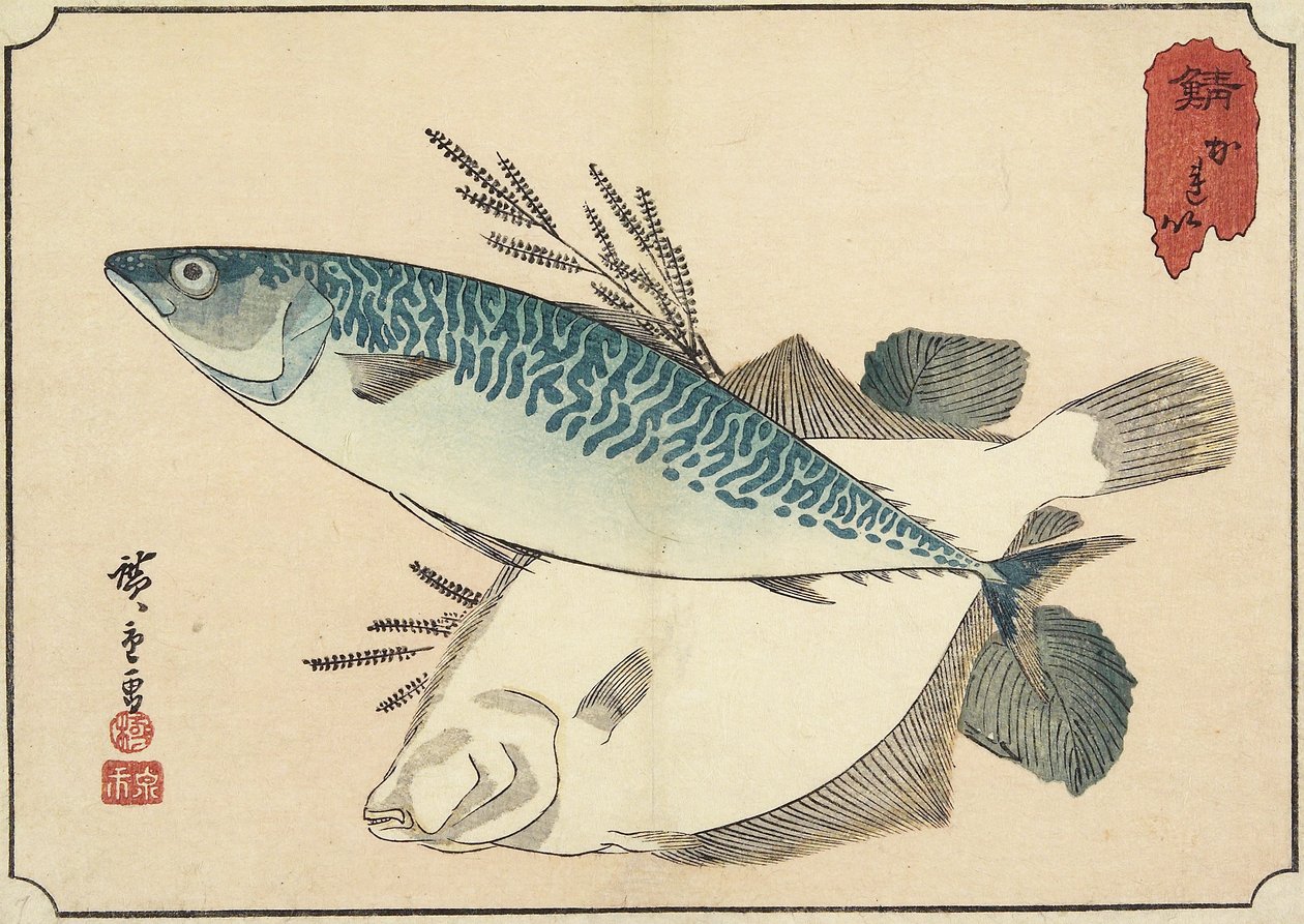 Makrell og kveite, tidlig på 1800-tallet av Utagawa Hiroshige