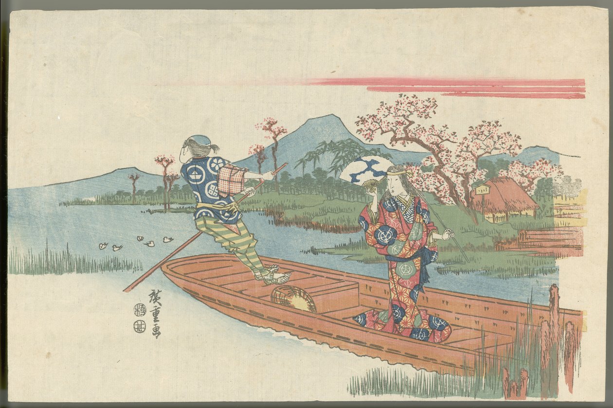 Sinnssyk kvinne i en ferge nær Mokubōji-tempelet (scene fra nō-stykket Sumidagawa) av Utagawa Hiroshige