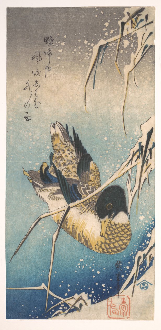 Stokkand og snødekt siv av Utagawa Hiroshige