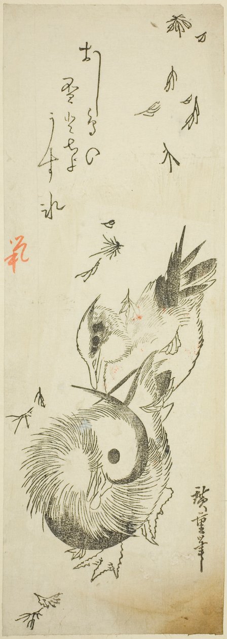 Mandarinender krysser iskald dam blant fallende blader av Utagawa Hiroshige